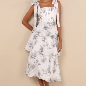 Lulus Compellingly Gorgeous Ivory Floral Tiered Tie-strap Midi Dress White